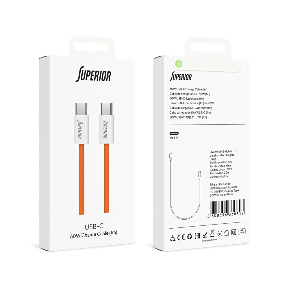 USB data kabal Superior SU-K1025 Type C na Type C 60W 1m narandžasti
