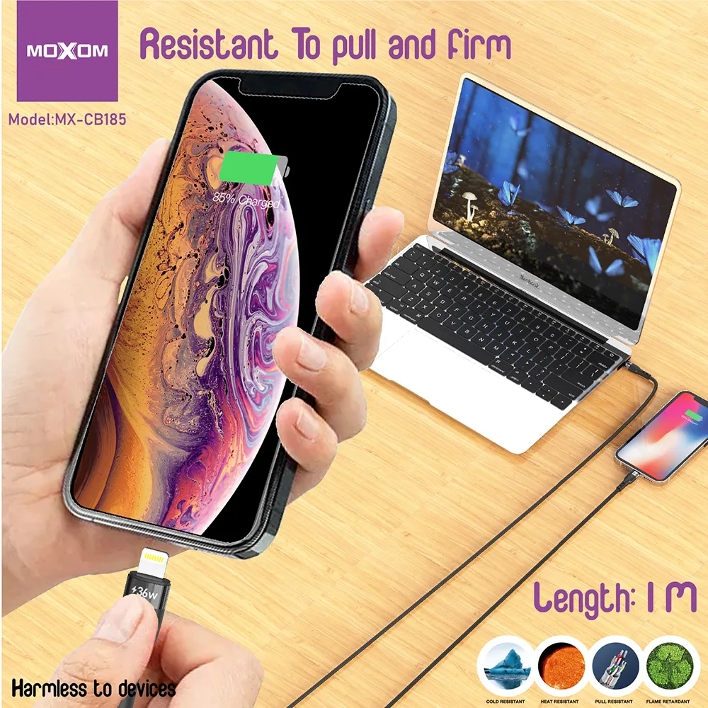 USB data kabal Moxom MX-CB185 silicone Type C na Lightning 36W 1m crni