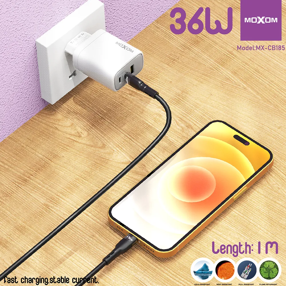USB data kabal Moxom MX-CB185 silicone Type C na Lightning 36W 1m crni