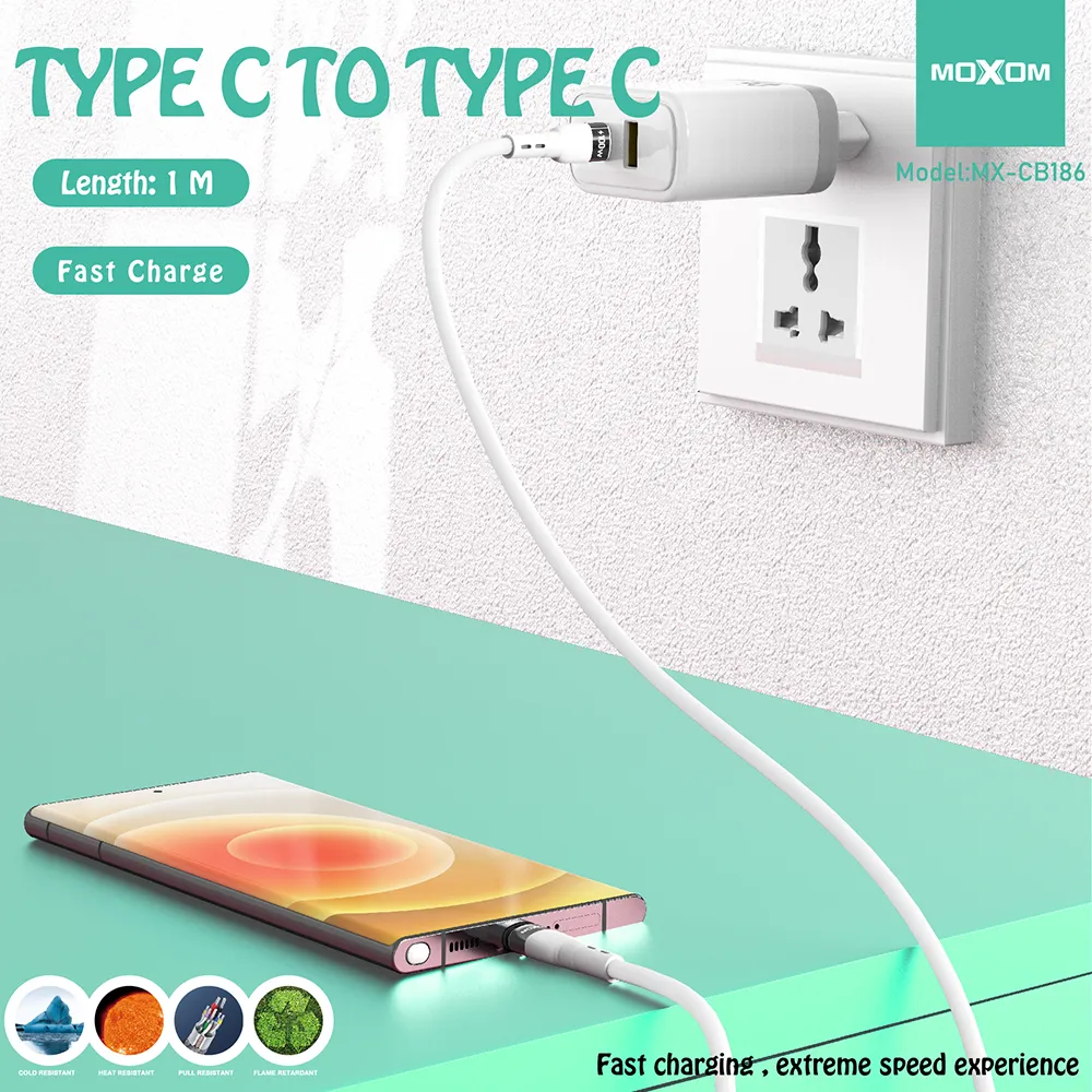 USB data kabal Moxom MX-CB186 silicone Type C na Type C 100W 1m crni