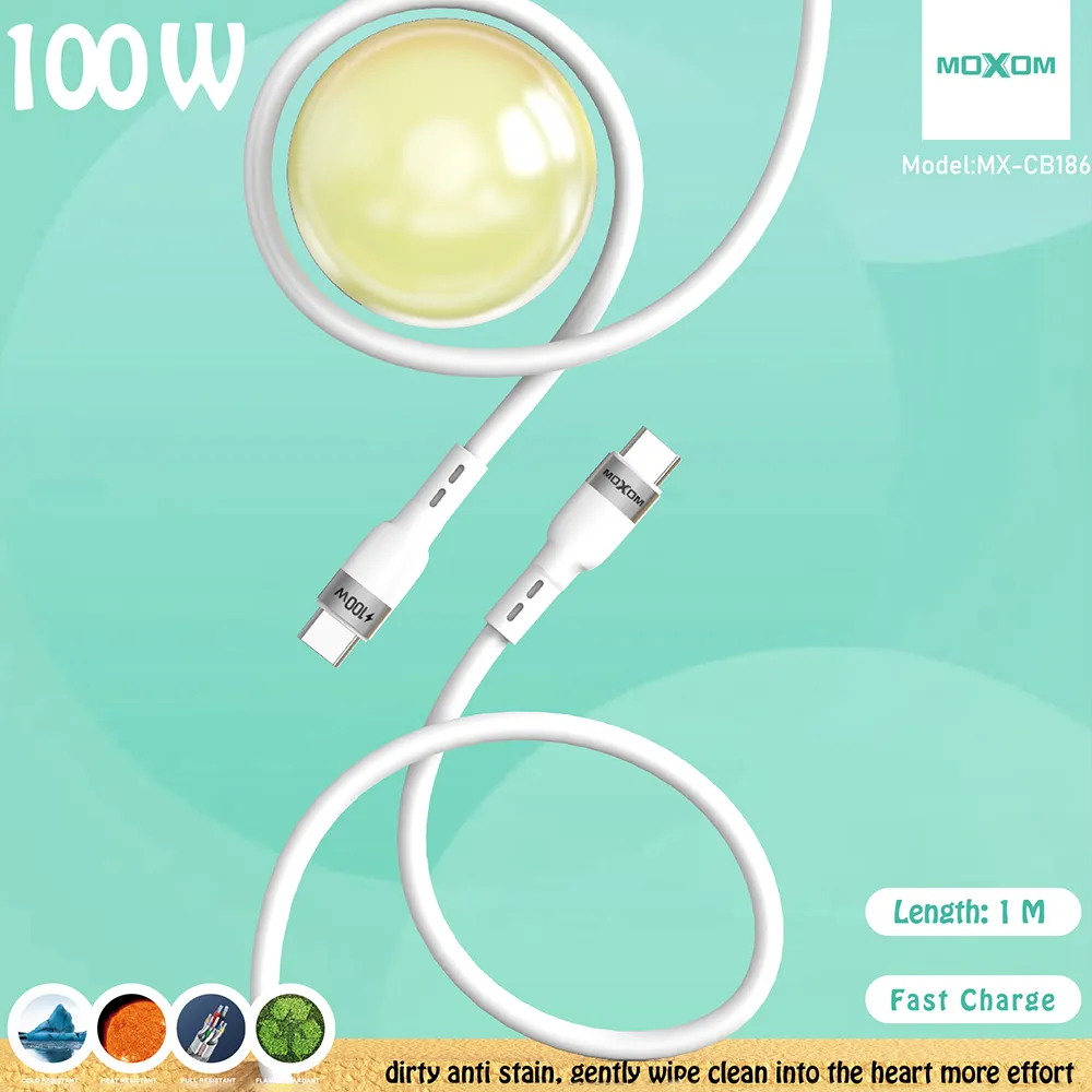 USB data kabal Moxom MX-CB186 silicone Type C na Type C 100W 1m beli