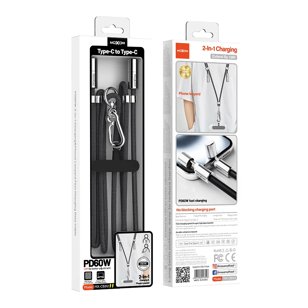 USB data kabal Moxom MX-CB312 Type C to Type C strap crni