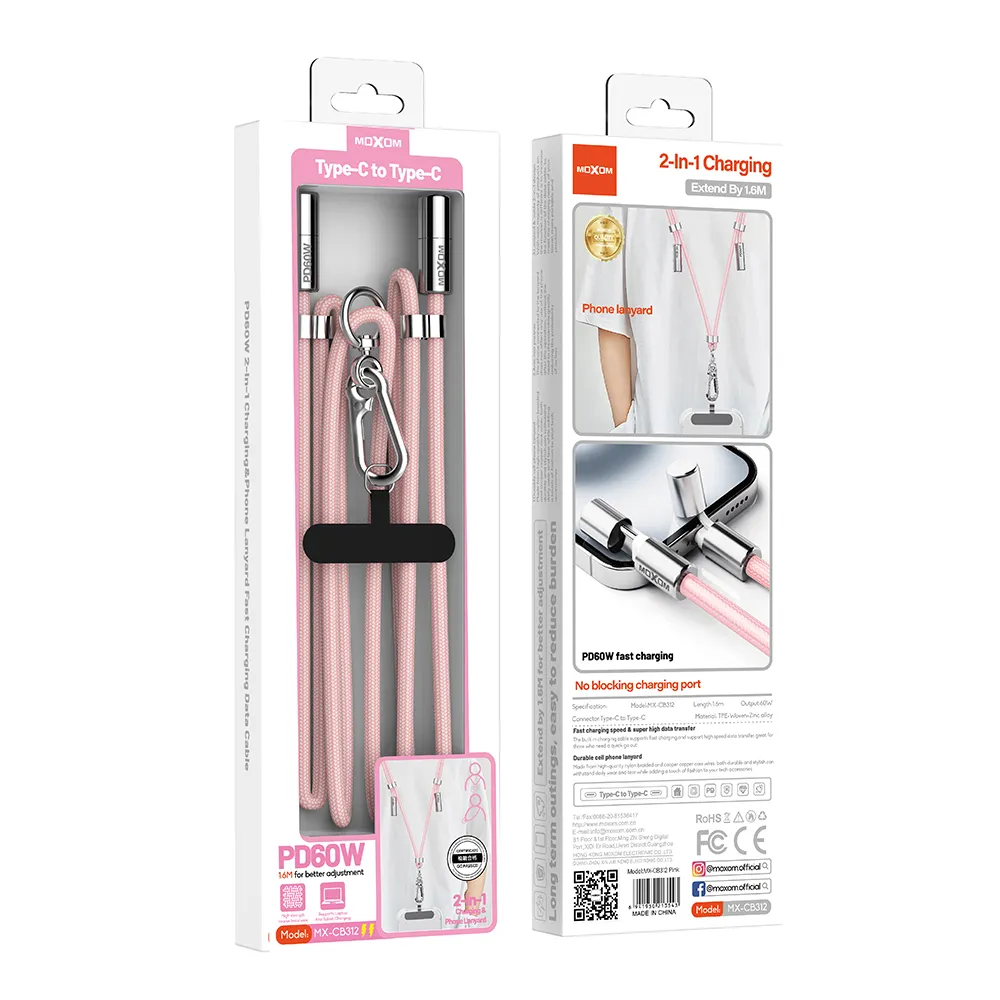 USB data kabal Moxom MX-CB312 Type C to Type C strap pink