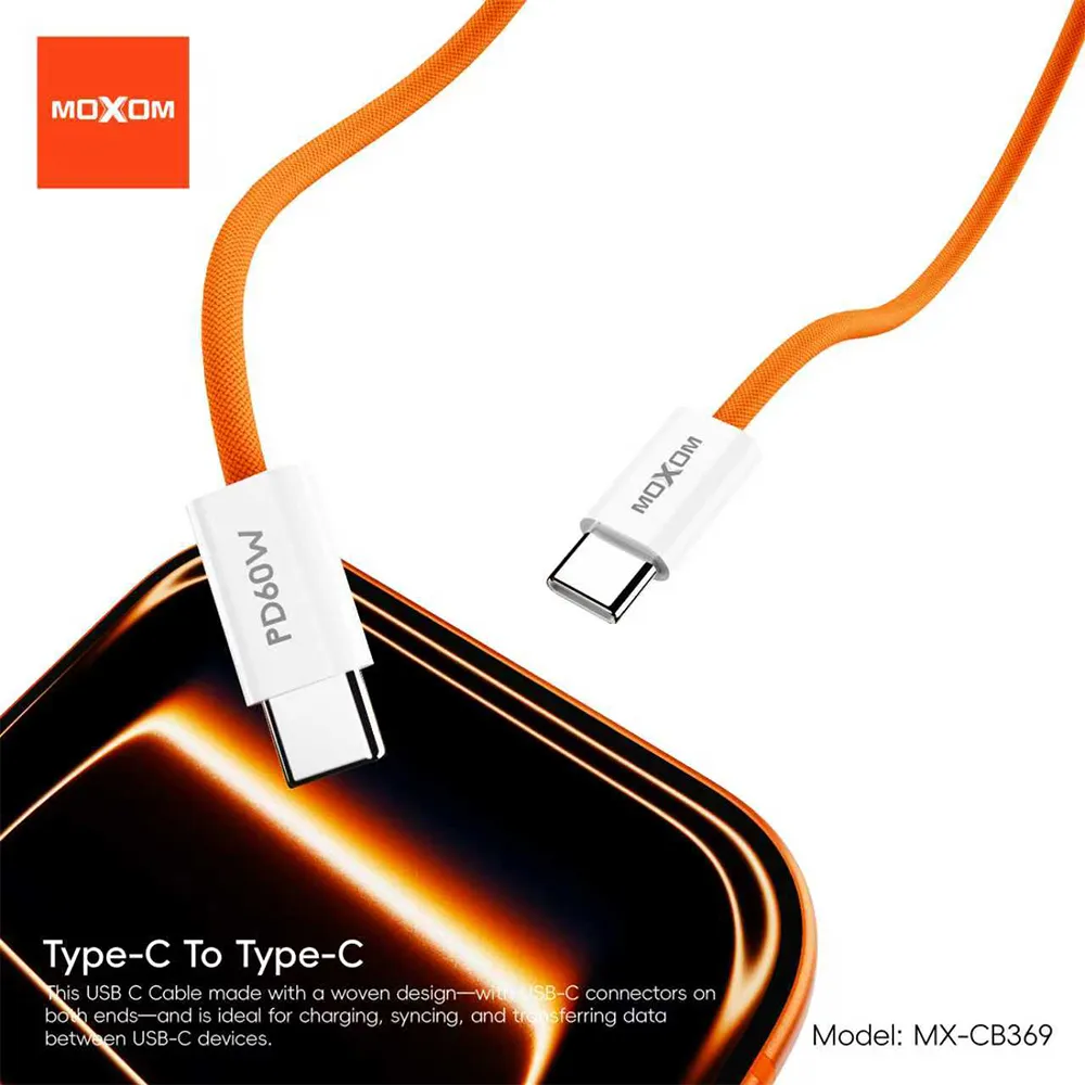 USB data kabal MOXOM MX-CB369 pleteni Fast 60W 3A Type-C na Type-C 1m narandzasti