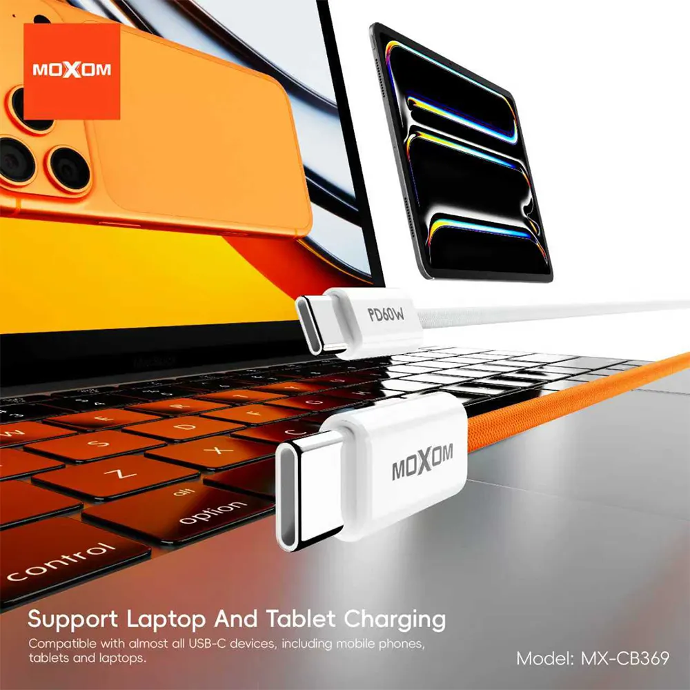 USB data kabal MOXOM MX-CB369 pleteni Fast 60W 3A Type-C na Type-C 1m narandzasti