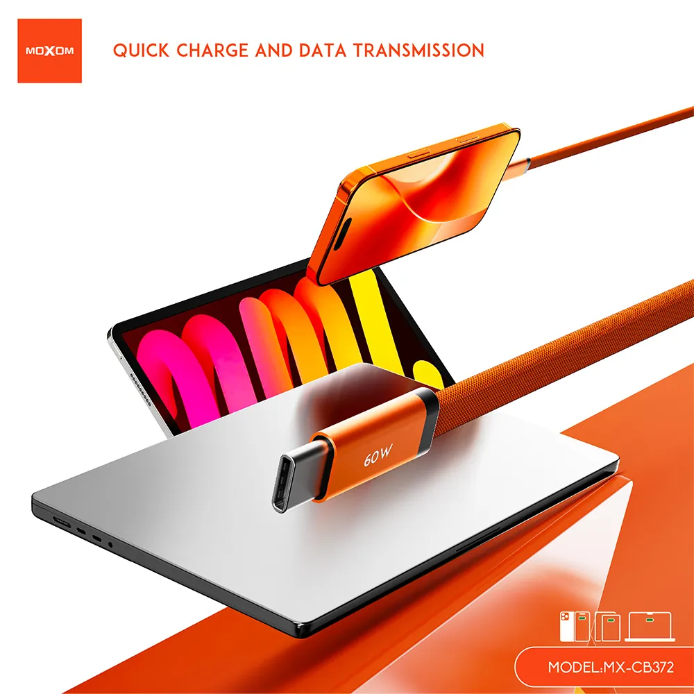 USB data kabal MOXOM MX-CB372 pleteni Fast 60W 3A Type-C na Type-C 1m narandzasti