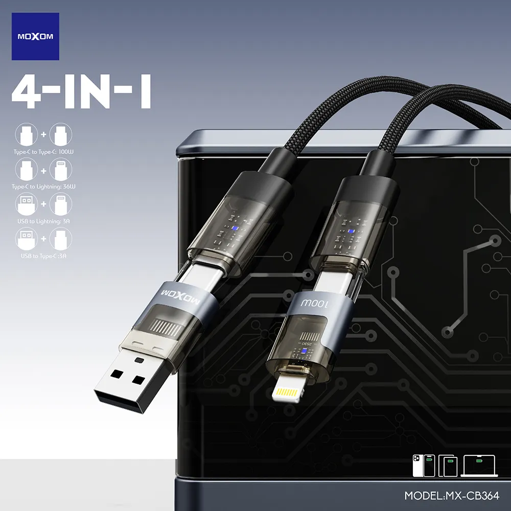 USB data kabal Moxom 4 u 1 Type C na Type C/Lightning, USB na Type C/lightning MX-CB364 100W 1m crni