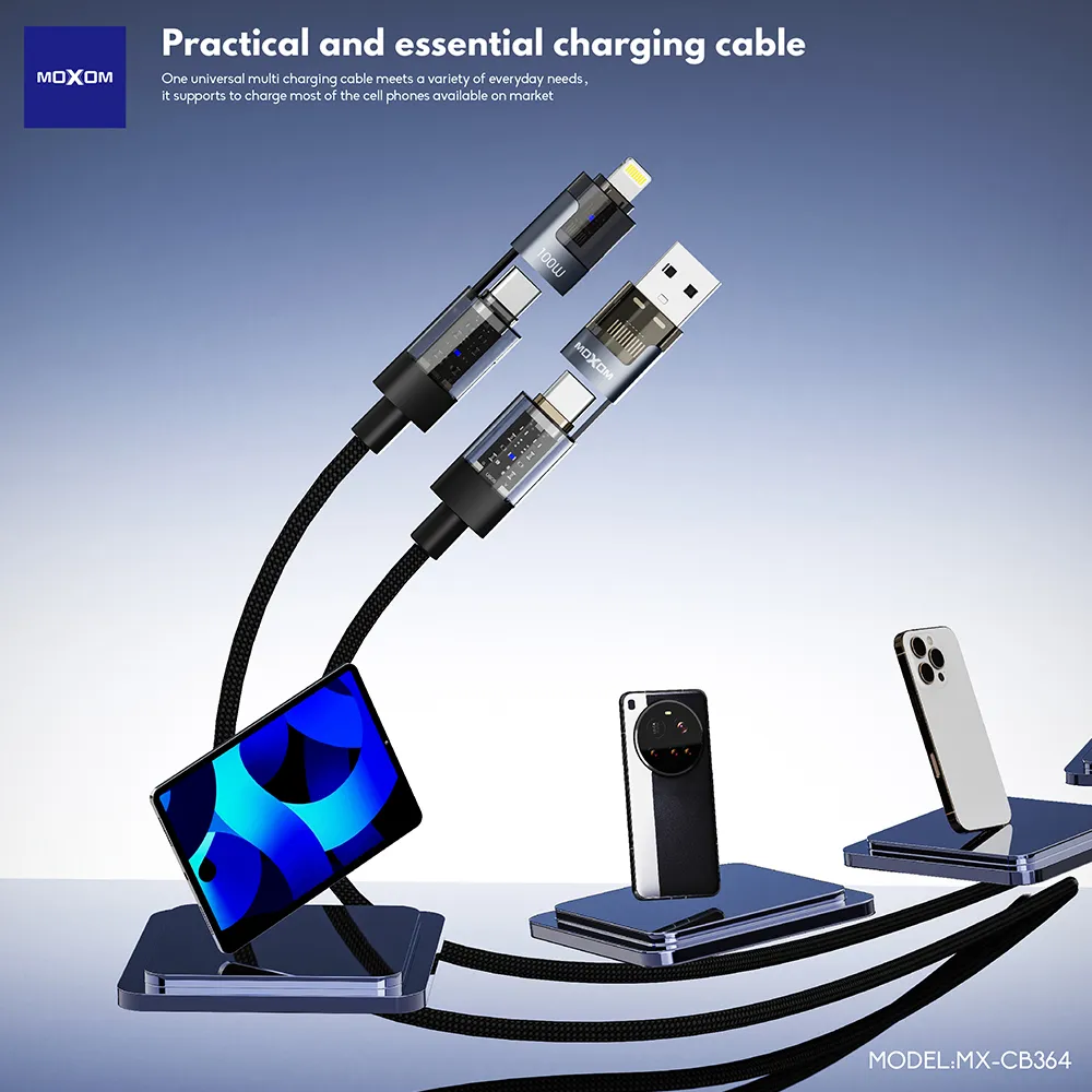 USB data kabal Moxom 4 u 1 Type C na Type C/Lightning, USB na Type C/lightning MX-CB364 100W 1m crni