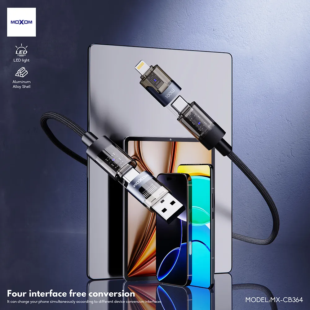 USB data kabal Moxom 4 u 1 Type C na Type C/Lightning, USB na Type C/lightning MX-CB364 100W 1m crni