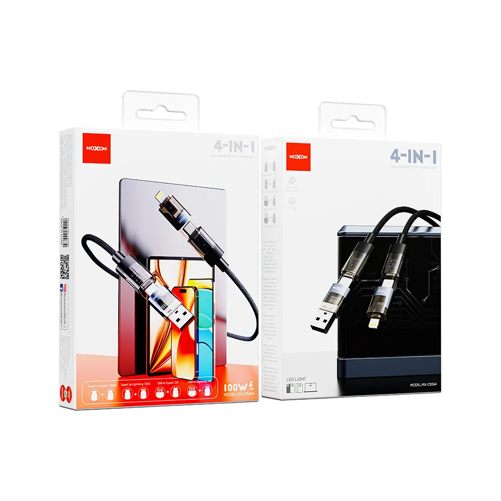 USB data kabal Moxom 4 u 1 Type C na Type C/Lightning, USB na Type C/lightning MX-CB364 100W 1m crni