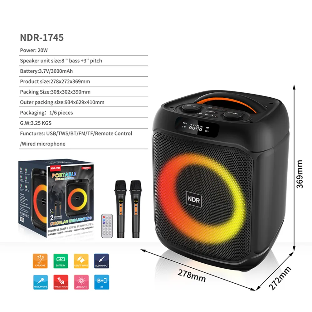 Zvucnik bluetooth NDR-1745  8 inca sa dva mikrofona crni