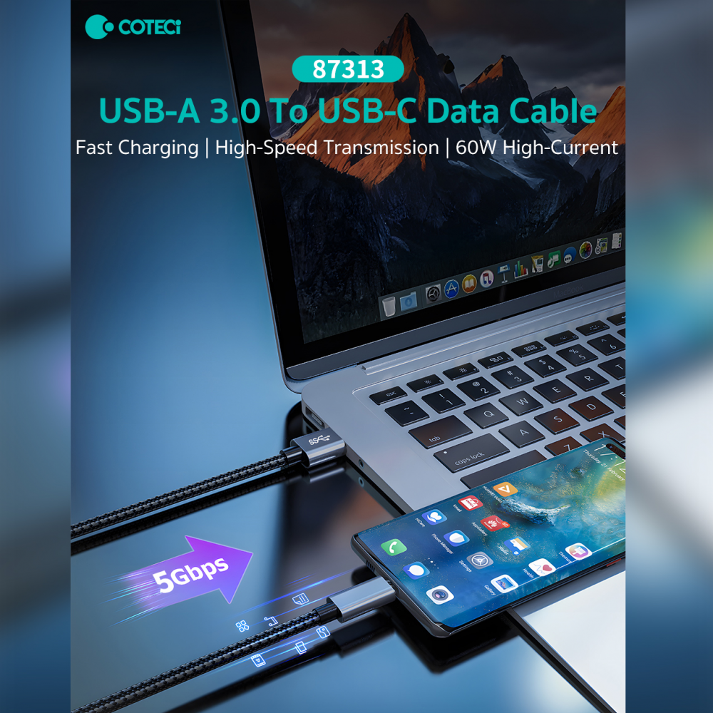 Data kabl Coteci 87313 60W 10 Gbps USB 3.0 na Type C crni 2m - Slika 2