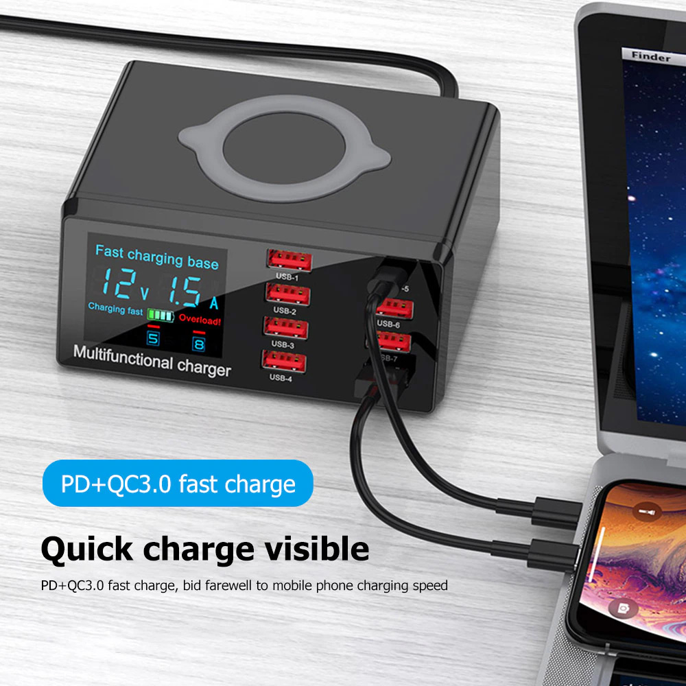 Multi USB punjac WLX-X9 sa LCD-om/8 USB portova+Wireless punjac crni - Slika 2