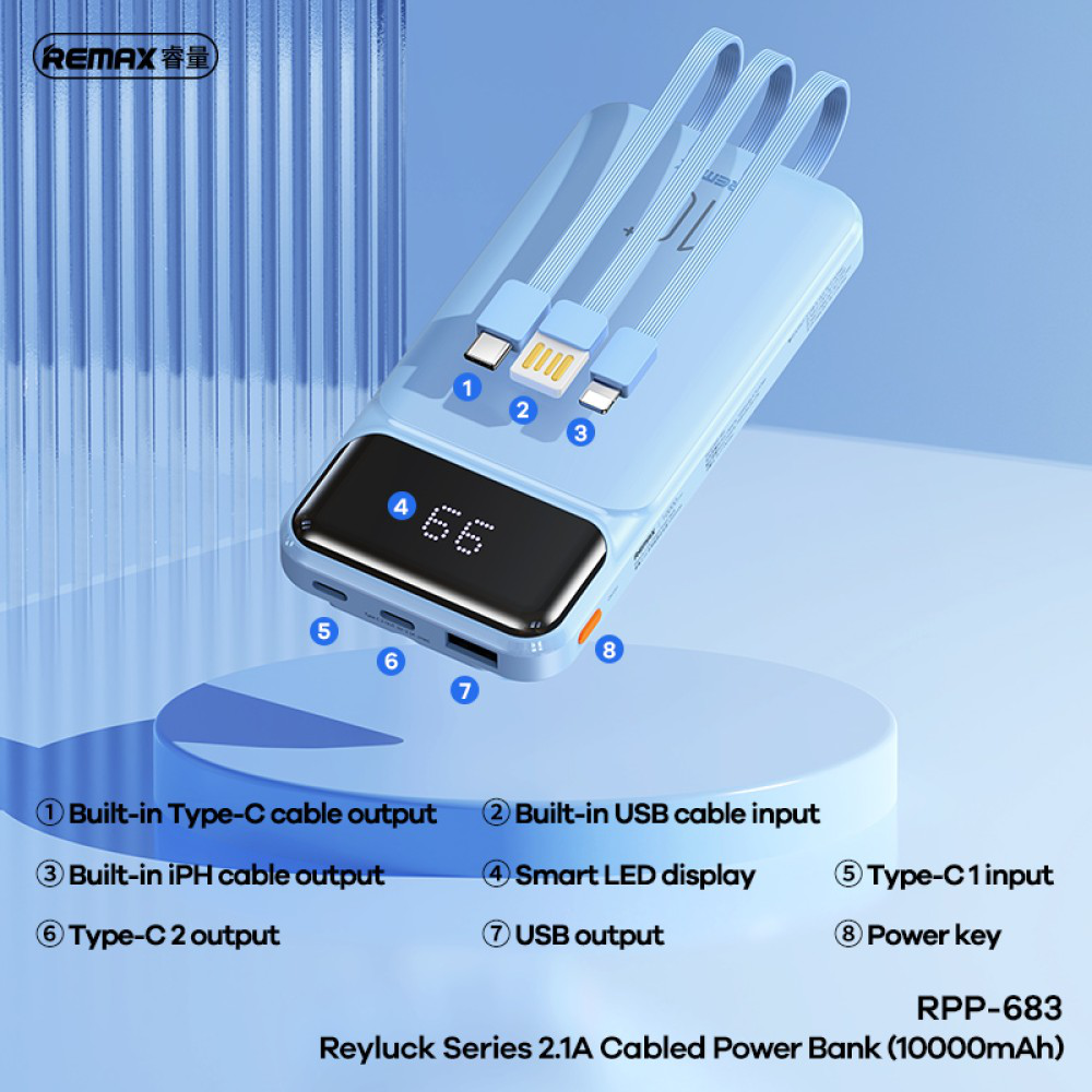 Power bank prenosiva baterija REMAX Reyluck Series RPP-683 2.1A sa integrisanim kablovima 10000mAh bela - Slika 2