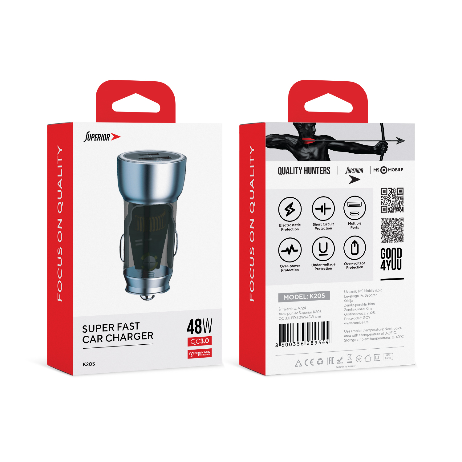 Auto punjac Superior K20S QC 3.0 PD 30W/48W crni - Slika 2