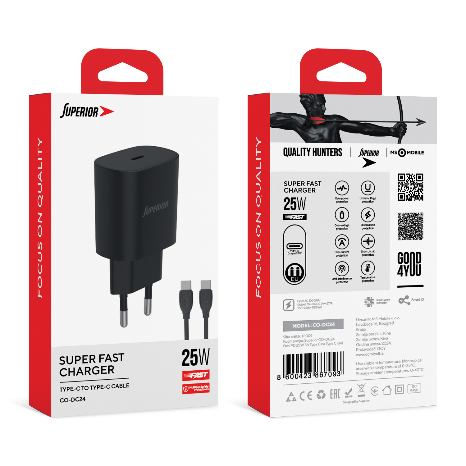 Kucni punjac Comicell Superior CO-DC24 Fast PD 25W 3A Type C na Type C crni - Slika 3