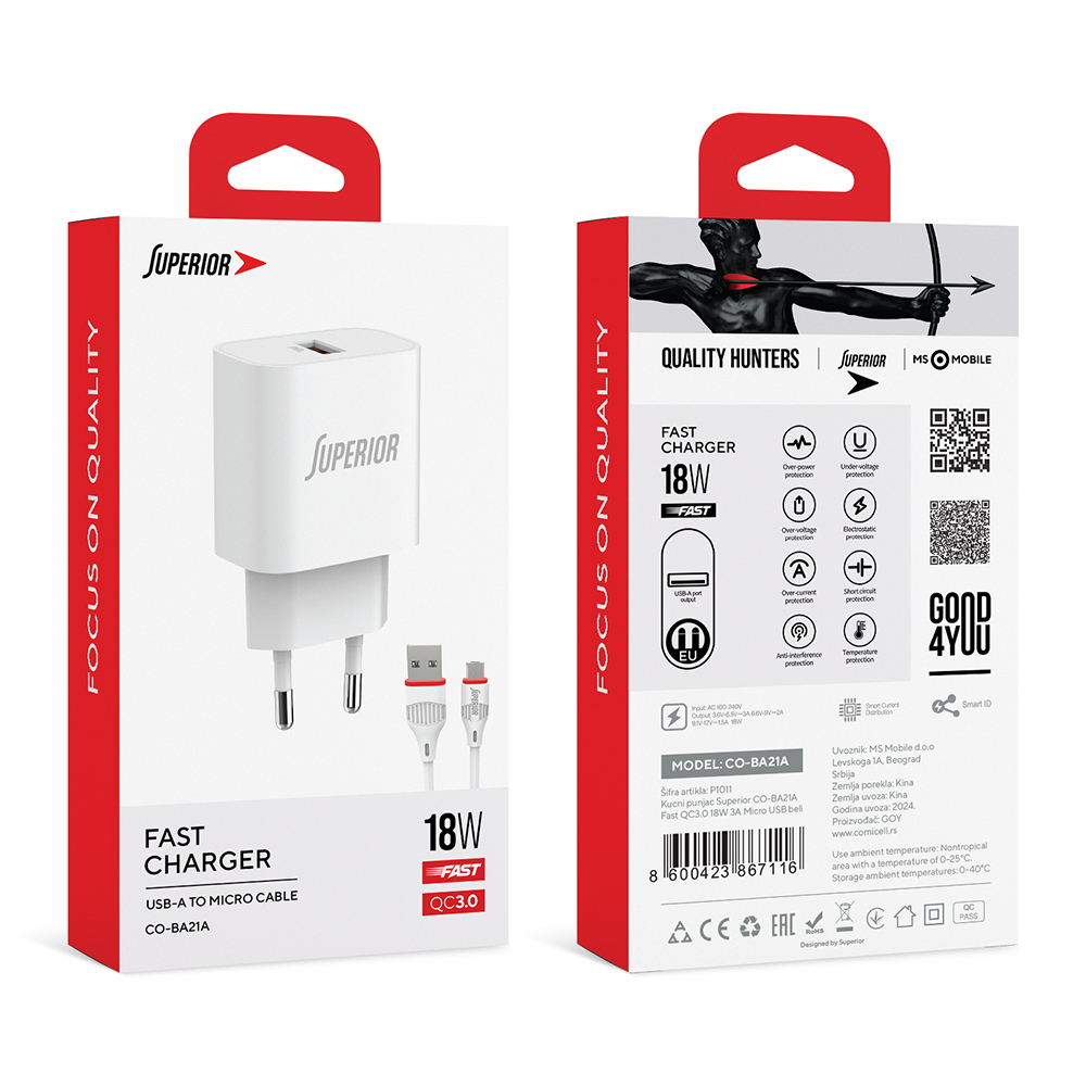 Kucni punjac Comicell Superior CO-BA21A Fast QC3.0 18W 3A Micro USB beli - Slika 3