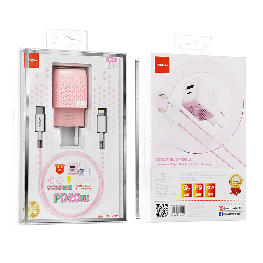 Kucni punjac Moxom MX-HC206 18W FAST PD 20W Type C na lightning pink - Slika 2
