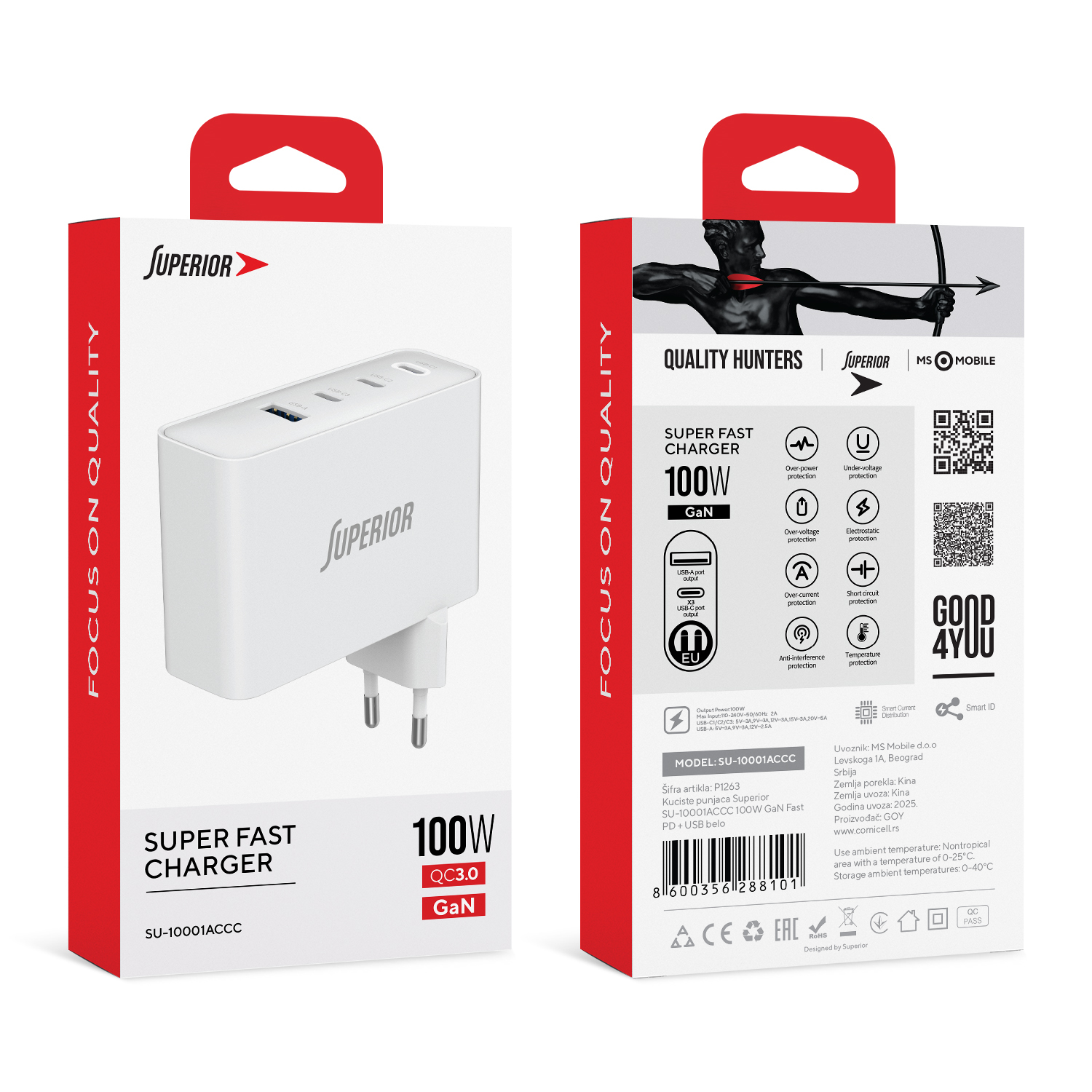 Kuciste punjaca Superior SU-10001ACCC 100W GaN Fast PD + USB belo - Slika 3