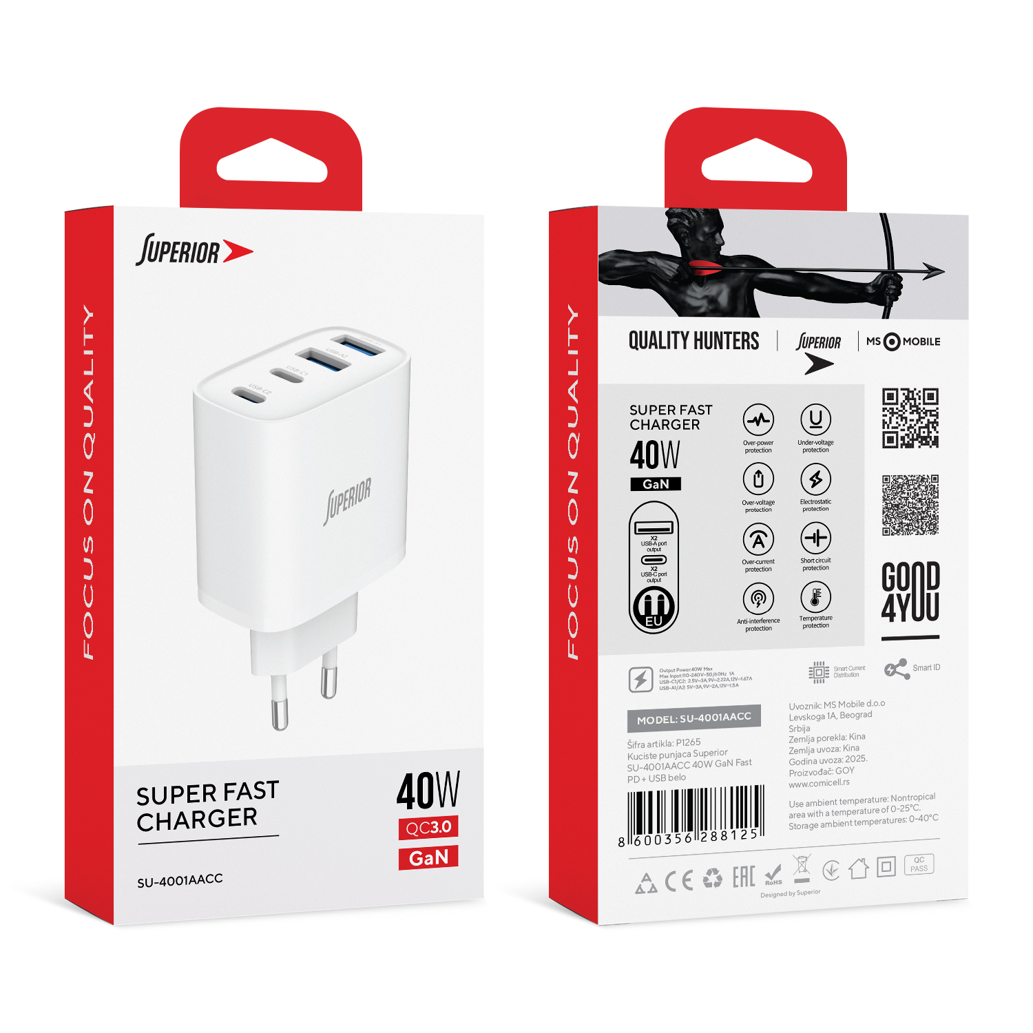 Kuciste punjaca Superior SU-4001AACC 40W GaN Fast PD + USB belo - Slika 3