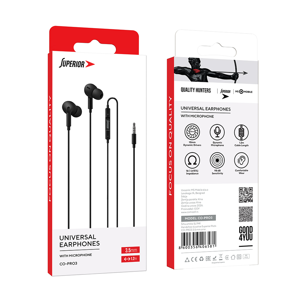 Handsfree slusalice Superior Pods CO-PRO3 3.5 mm crne - Slika 2