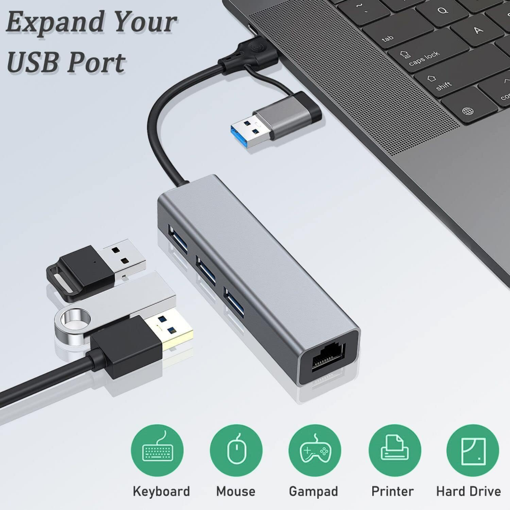 Adapter Type C - USB 3.0 JWD na LAN, 3x USB 3.0 4 u 1 sivi - Slika 2