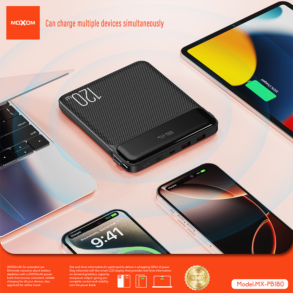 Power Bank Moxom Utopia MX-PB180 120W Super fast charging 20000mAh crni - Slika 3