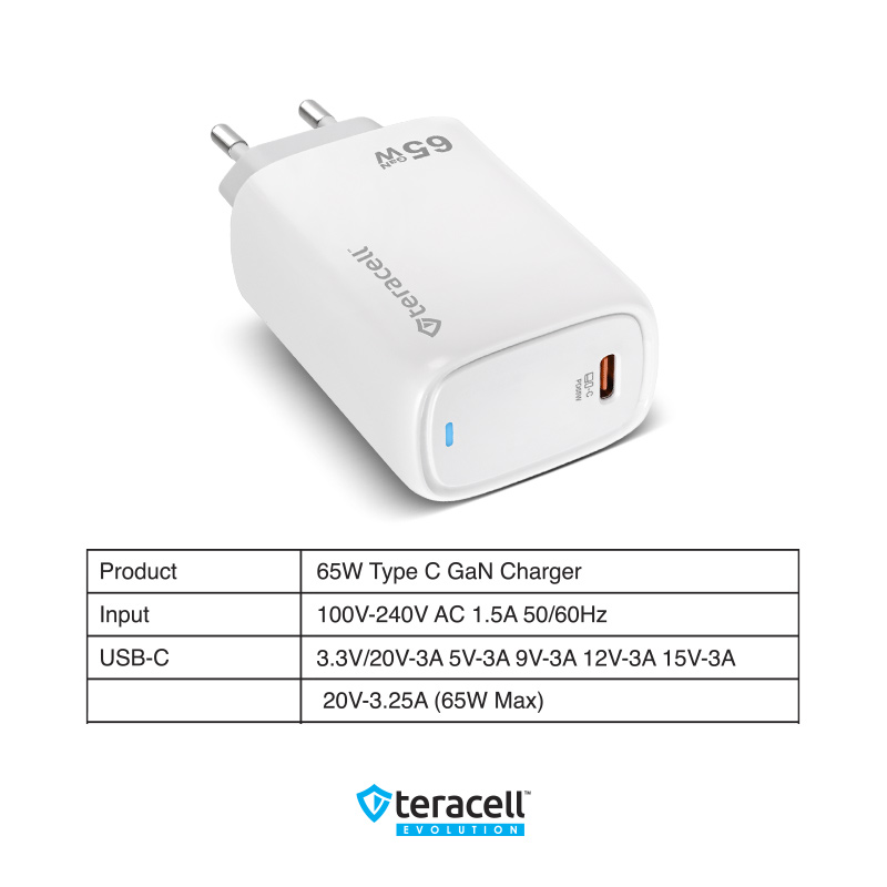 Kucni punjac Teracell Evolution TC-20, GAN, PD Fast charging 65W beli CE - Slika 3